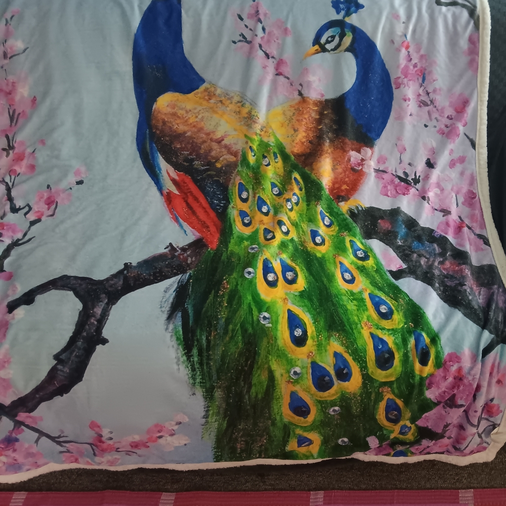 Peacock Print Blanket with Cherry Blossoms